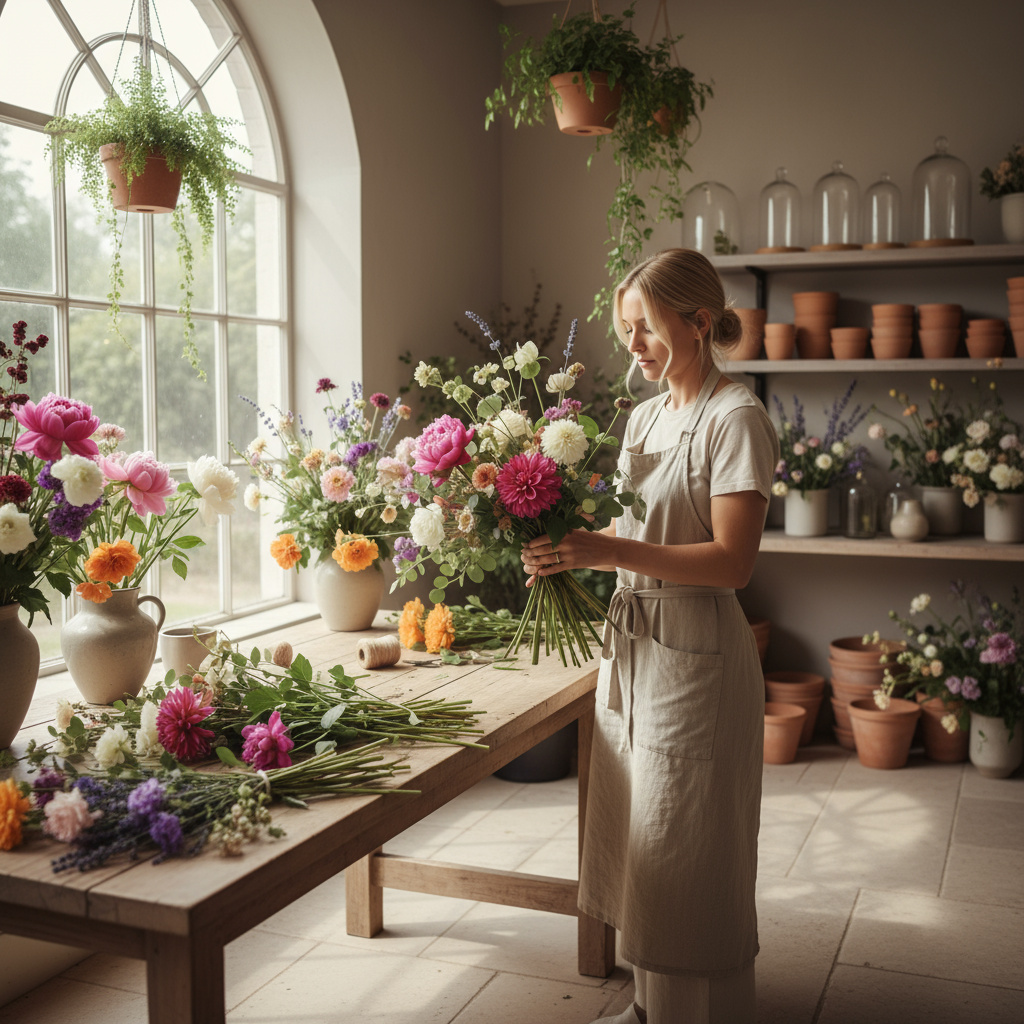 Floristin arrangiert einen saisonalen Blumenstrauß im Atelier