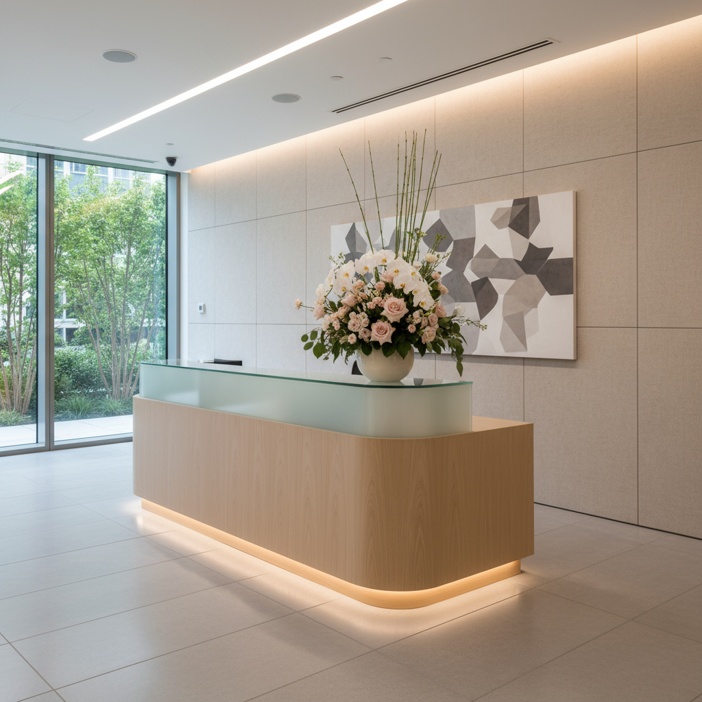 Großes florales Arrangement an einem Empfangstresen in moderner Lobby