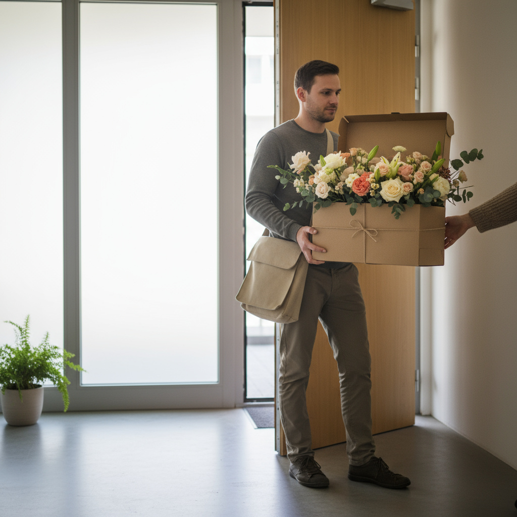 Kurier liefert ein frisches Blumenarrangement an eine Zürcher Wohnungstür