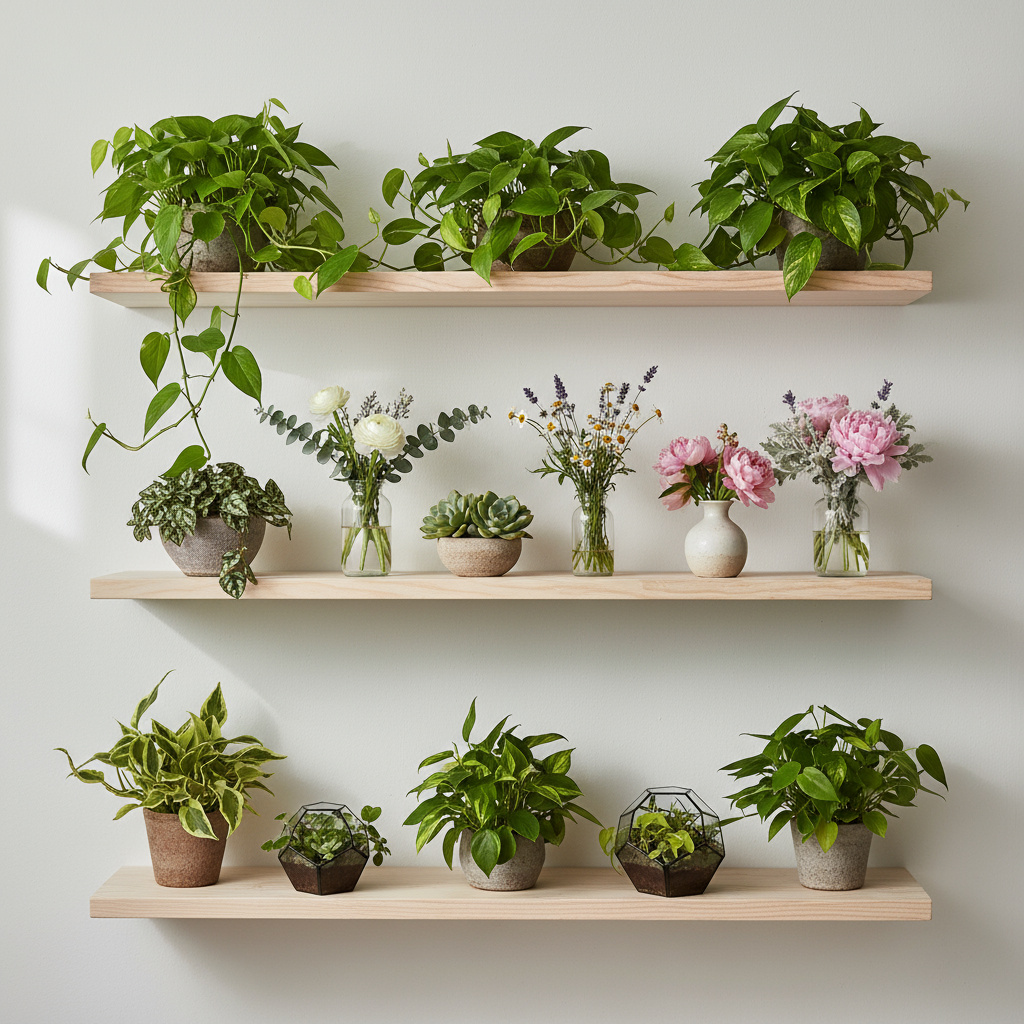 Regal mit Grünpflanzen und kleinen Vasen für Abo-Service
